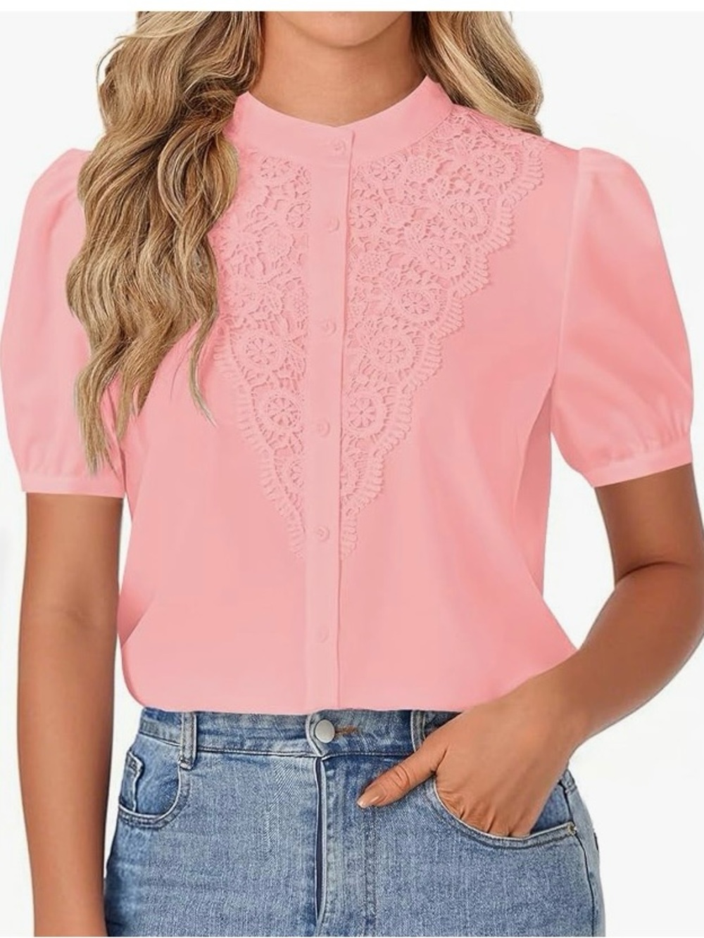 🌺Lace Trim Pink Button-Front Women's Top